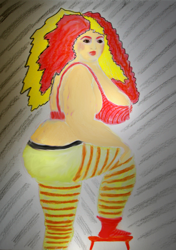 Colored pencil drawing of woman with big butt, boobs and hair
