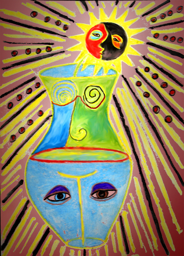 A vase with the sun and moon as a flower, faces and a body