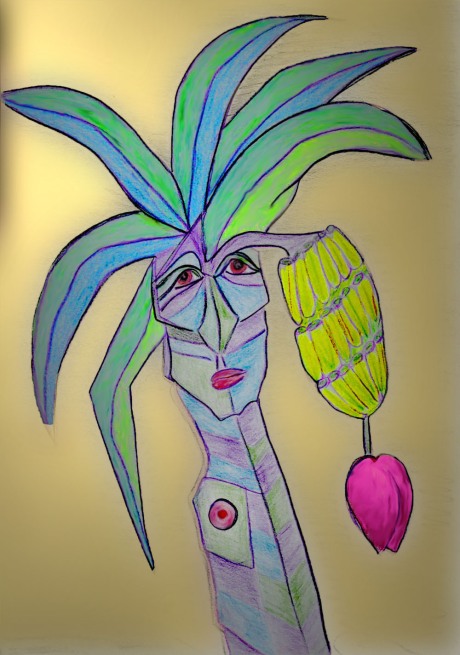 Colored pencil drawing of a banana tree with a face and a nipple