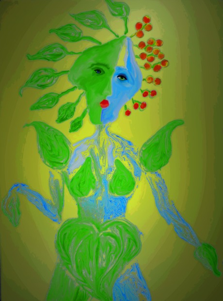 colored pencil drawing of woman with leaf as a head and cherries and leaves as hair