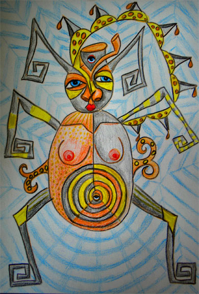 Colored pencil drawing of spider with face and woman's body