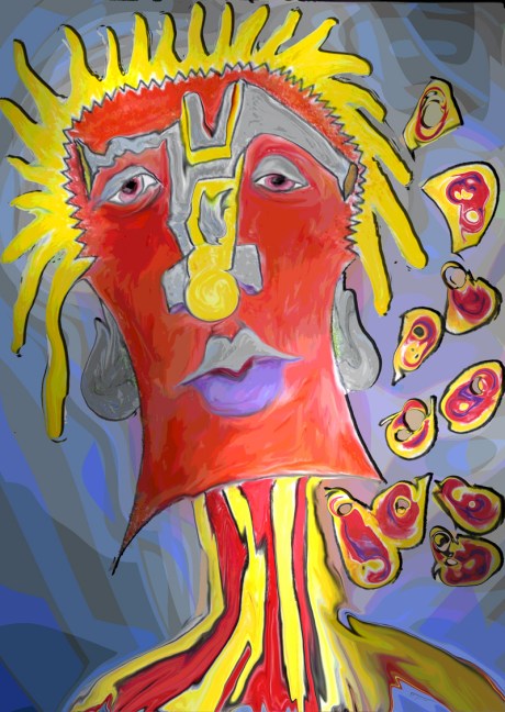 cartoon character with orange face and purple lips