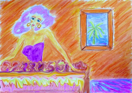 Colored pencil drawing of woman standing behind pastry counter